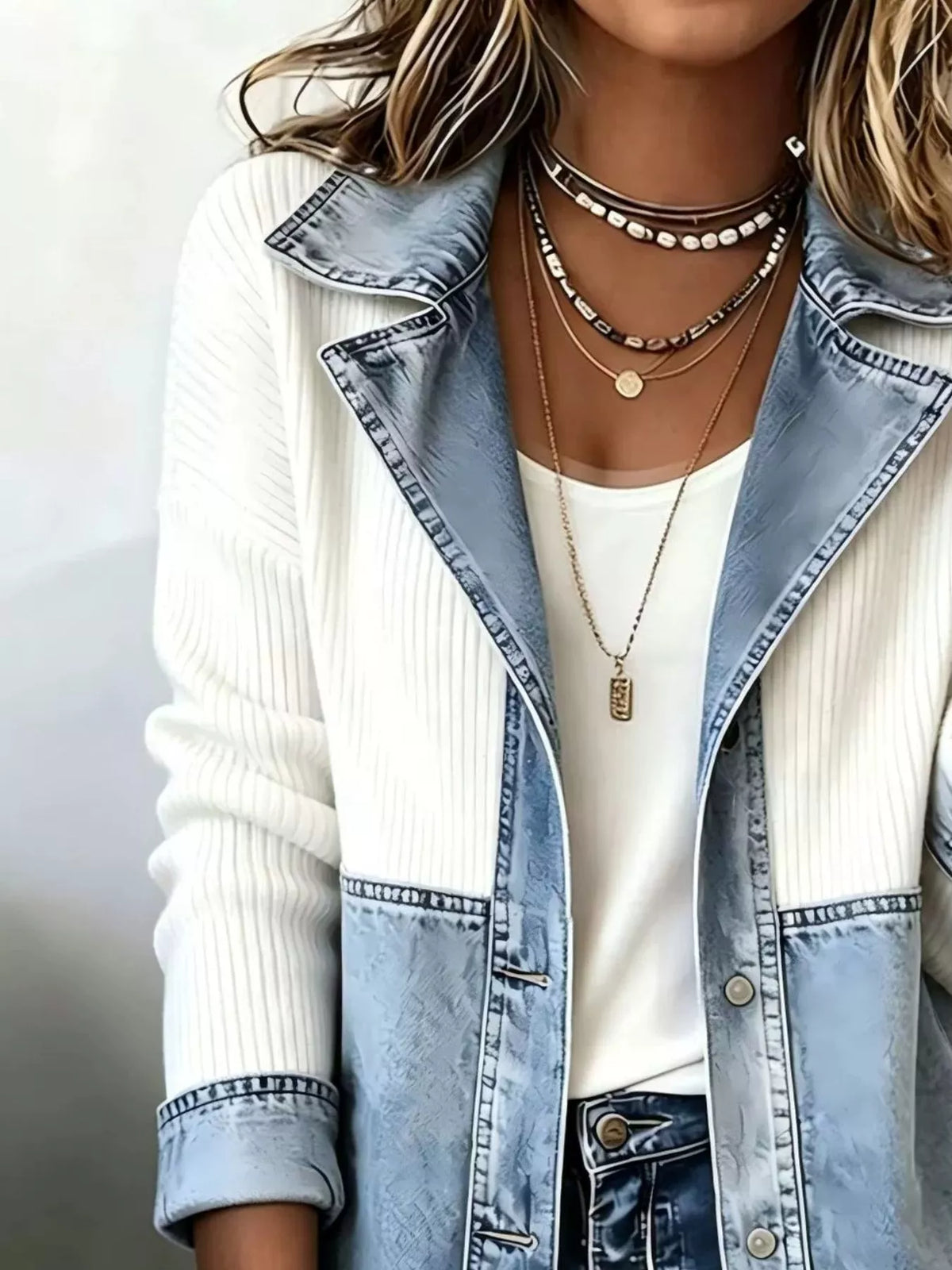 Color-Block Denim and Knit Patchwork Casual Jacket
