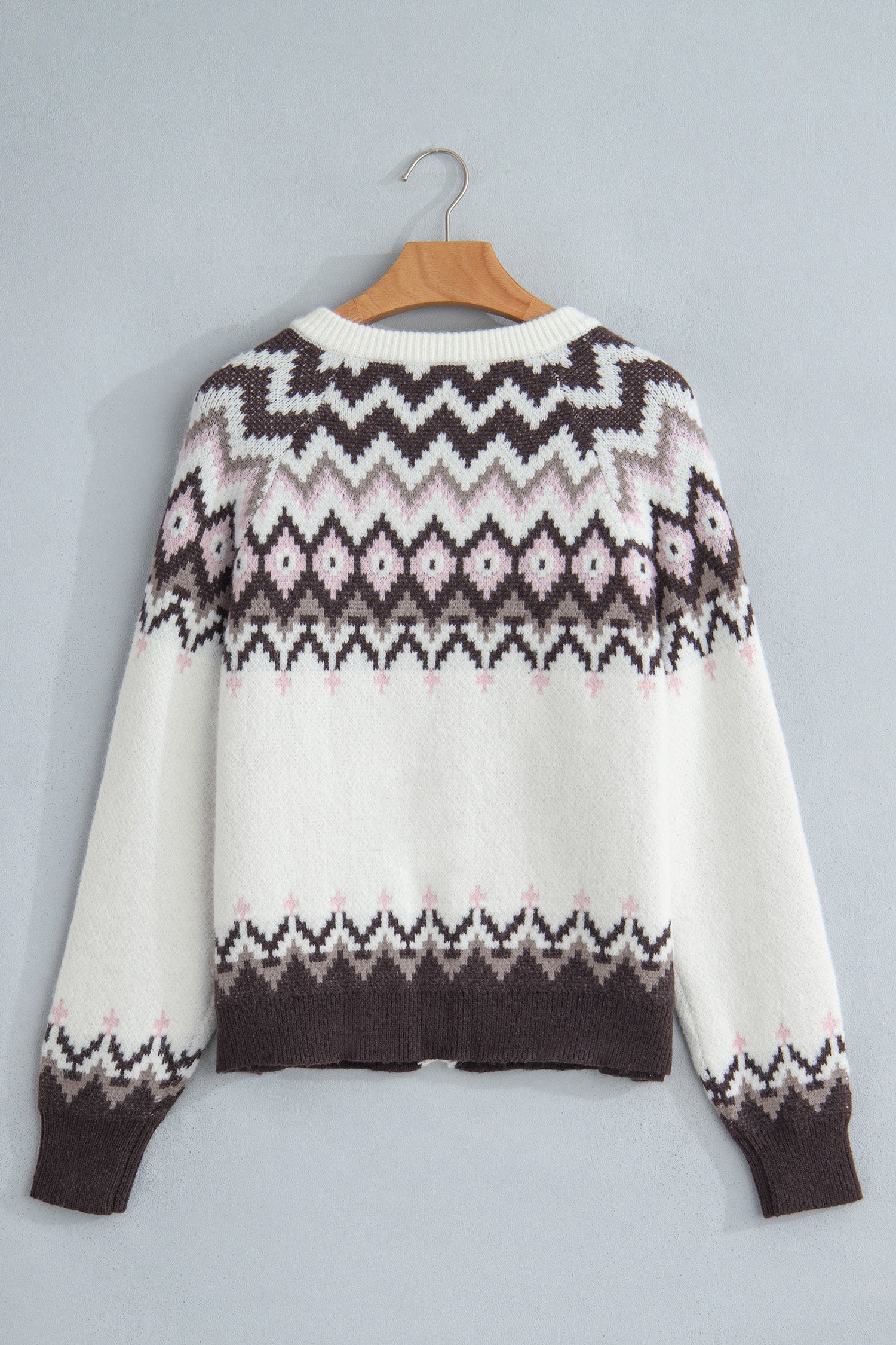 White Geometric Pattern Brushed Knit Button Cardigan
