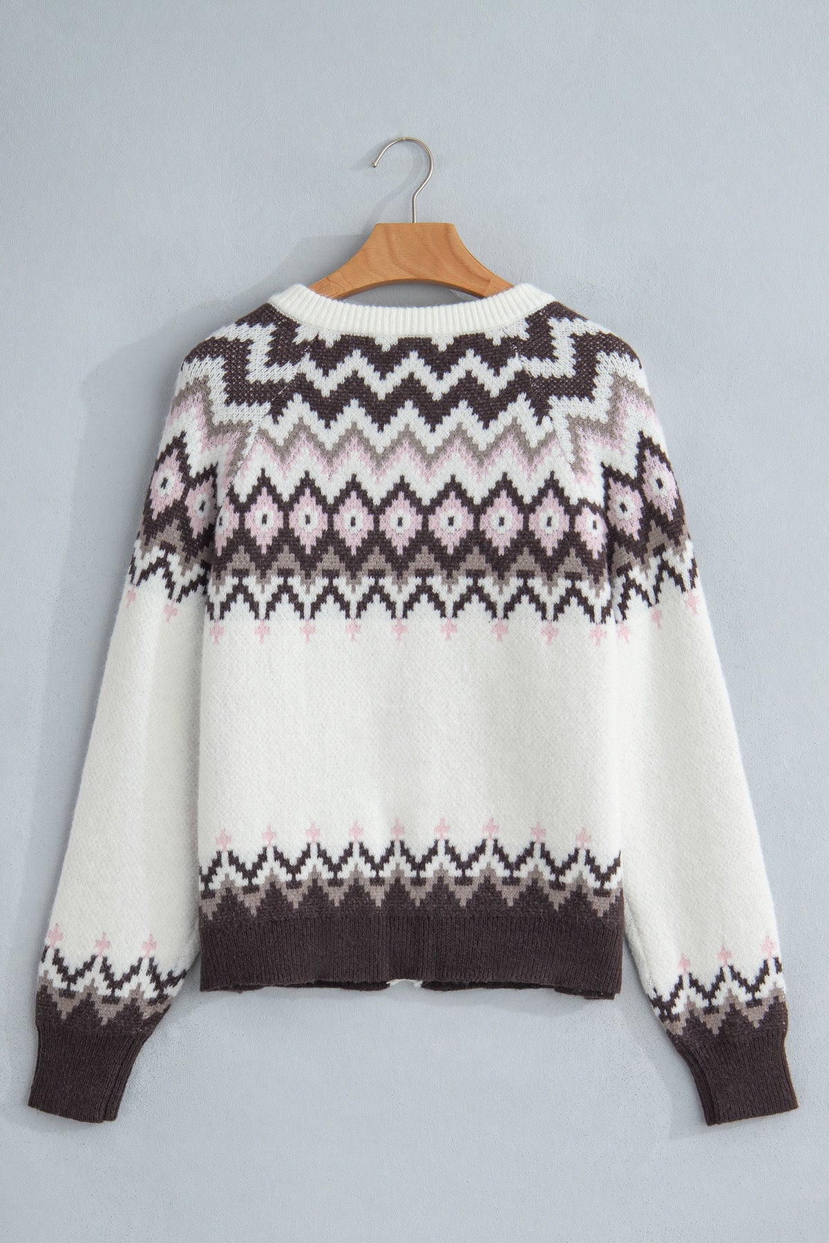 White Geometric Pattern Brushed Knit Button Cardigan