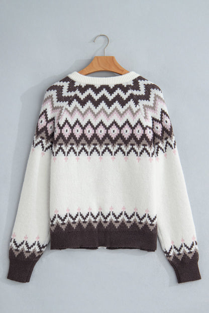 White Geometric Pattern Brushed Knit Button Cardigan