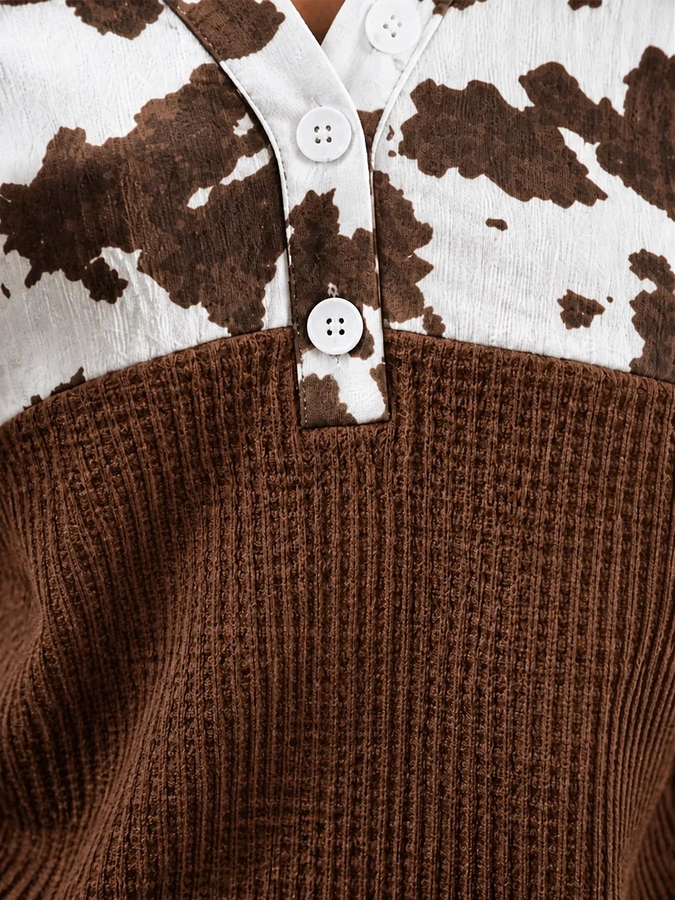 Cow Print Color Block Waffle Knit Blouse