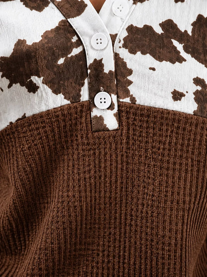 Cow Print Color Block Waffle Knit Blouse