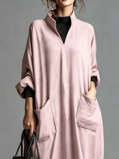 Full Size Loose-Fit Mock Neck Midi Dress with Pockets Plus Size