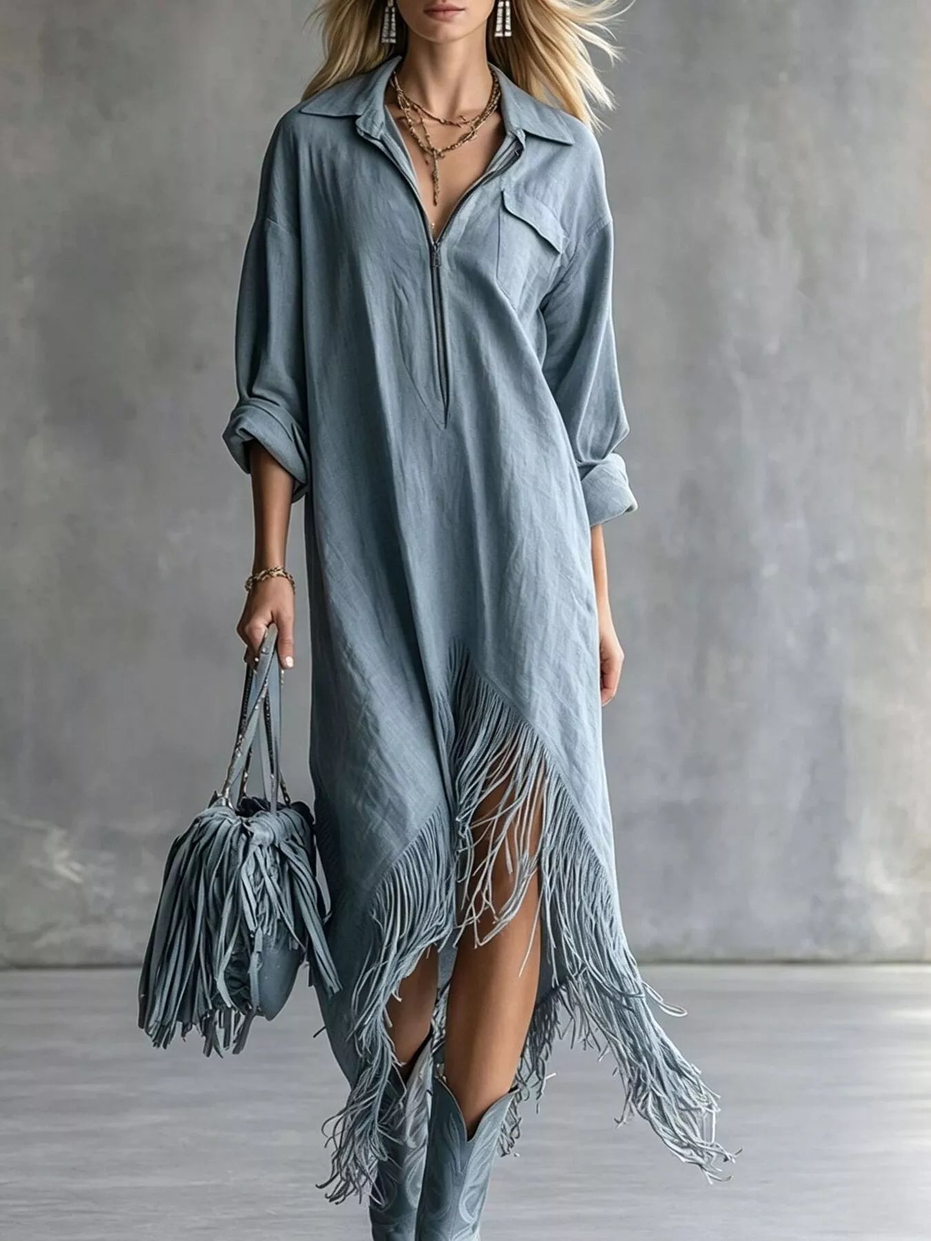 Fringe Hem Zip-Up Shirt Dress