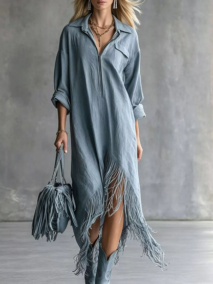 Fringe Hem Zip-Up Shirt Dress