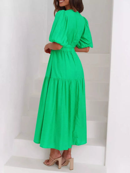 Elegant Puff Sleeve V-Neck Midi Dress