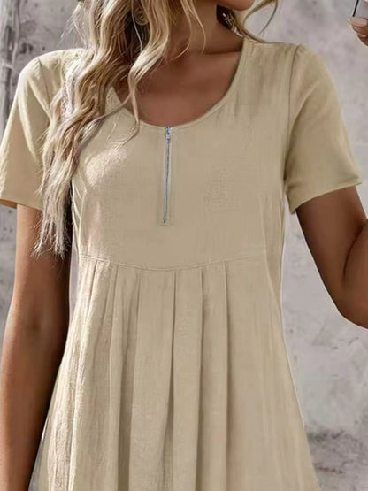 Zipper-Front Short Sleeve A-Line Dress