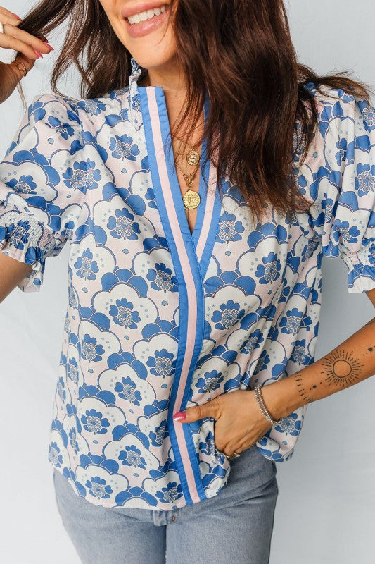 Floral V-Neck Flounced Short Sleeve Blouse