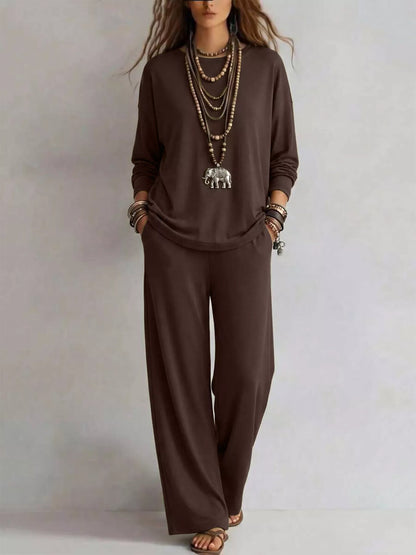 Round Neck T-Shirt and Wide-Leg Pants Set