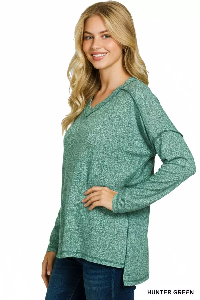 Zenana Soft Melange Hacci Exposed Seam Hi-low Tee