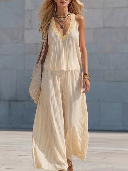 Striped V-Neck Tank and Wide-Leg Pants Set
