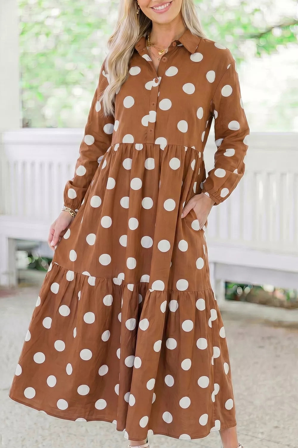 Heda's Polka Dot Button Front Long Sleeve Shift Dress
