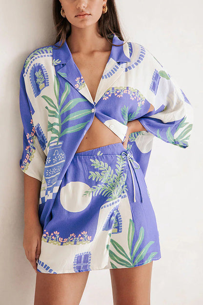 Ensemble chemise ample à imprimé unique et jupe portefeuille à lacets à taille élastique « Balmy Summer Nights »