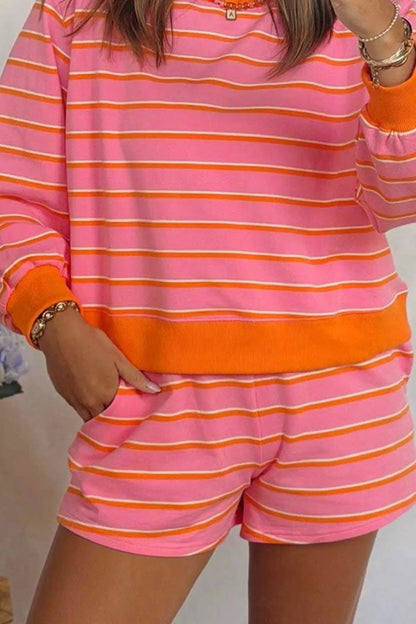 Stripe Color Block Trim Long Sleeve Pullover Pocketed Shorts 2pcs Set