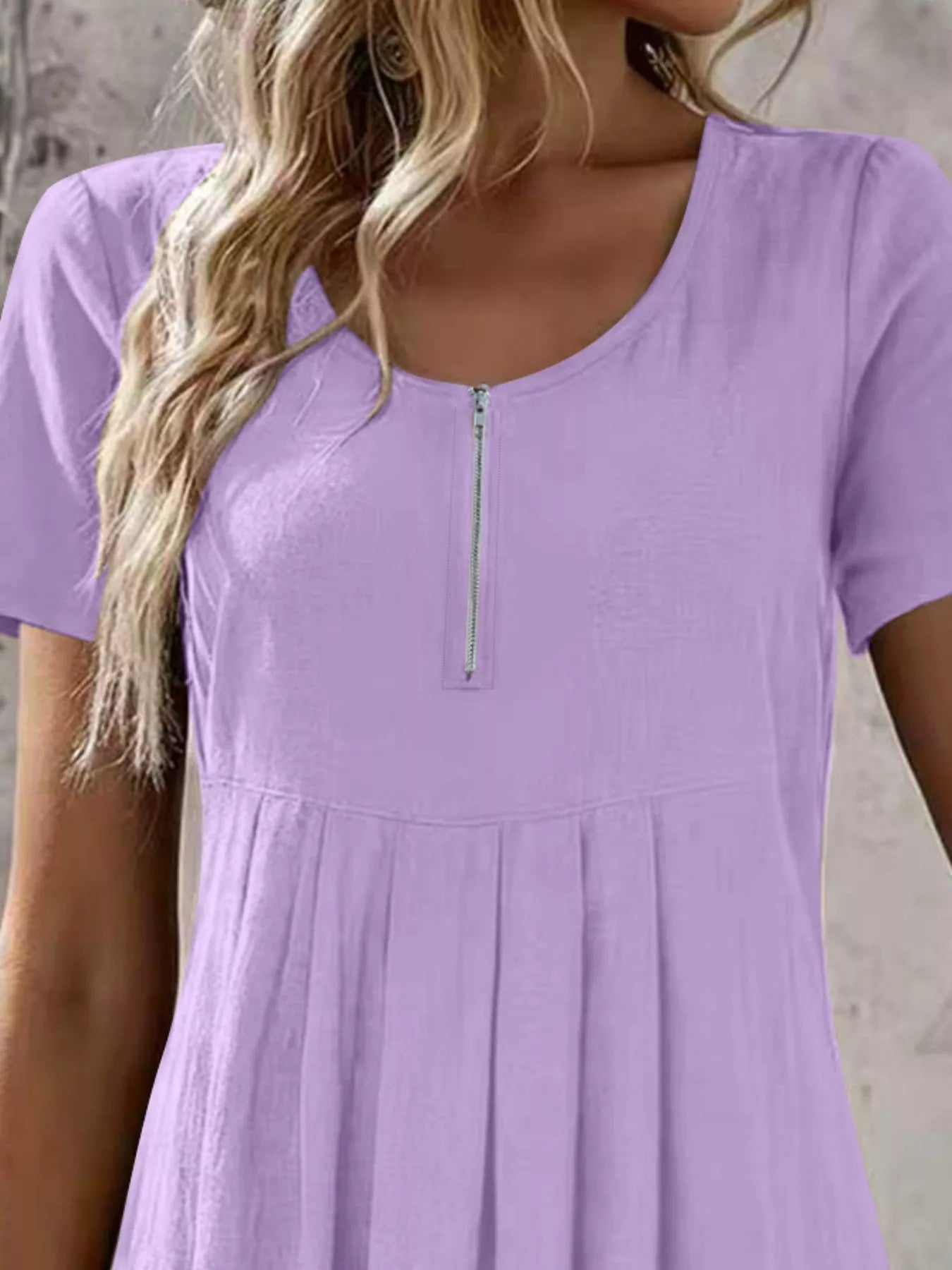 Zipper-Front Short Sleeve A-Line Dress