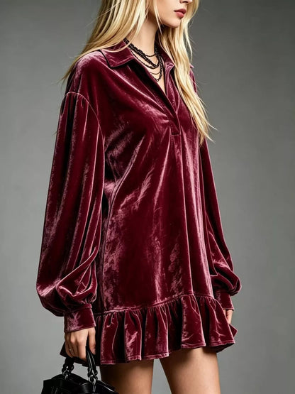 Full Size Velvet Ruffled Hem Long Sleeve Dress Plus Size