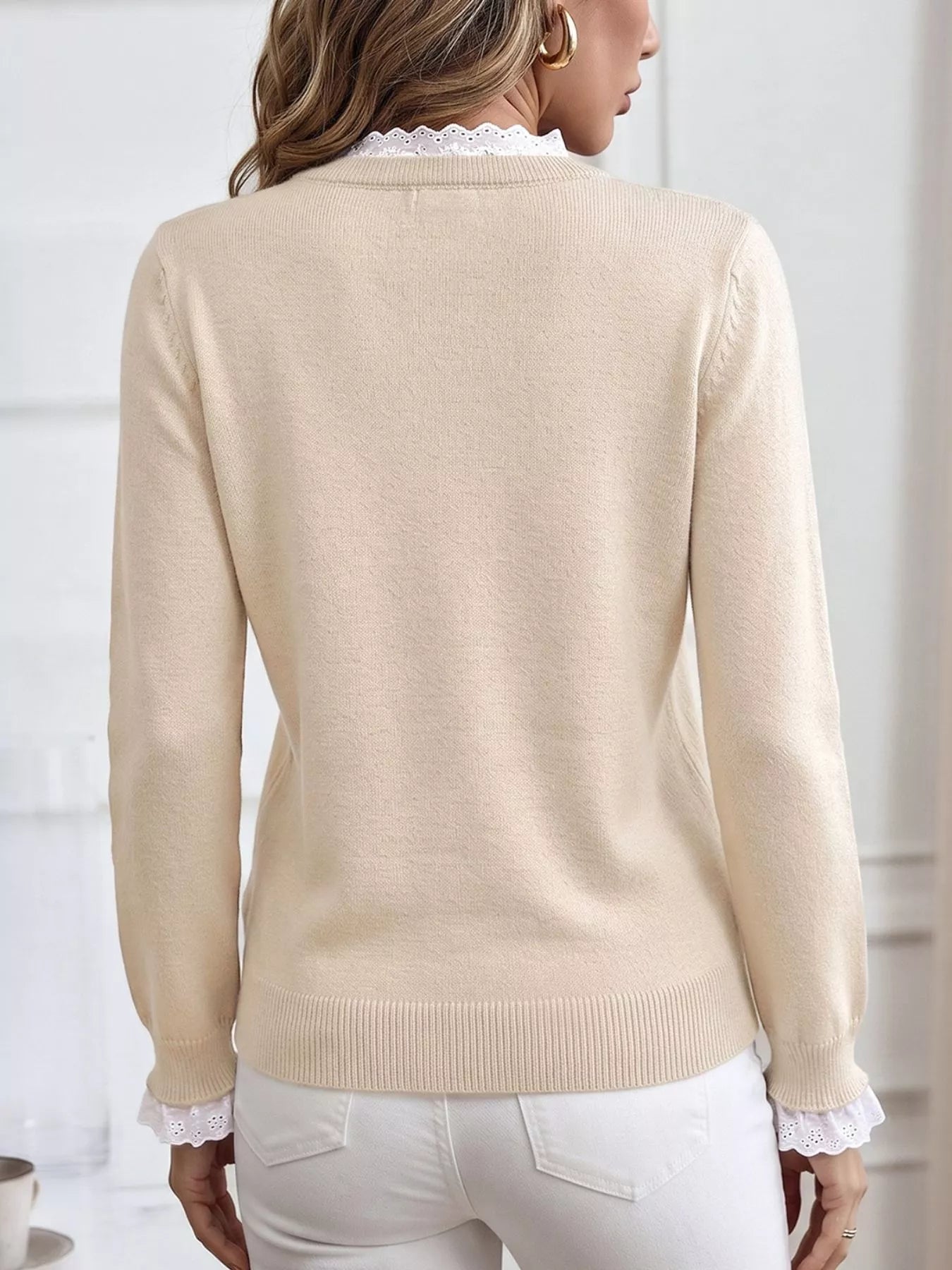 Elegant Lace Trim Round Neck Sweater