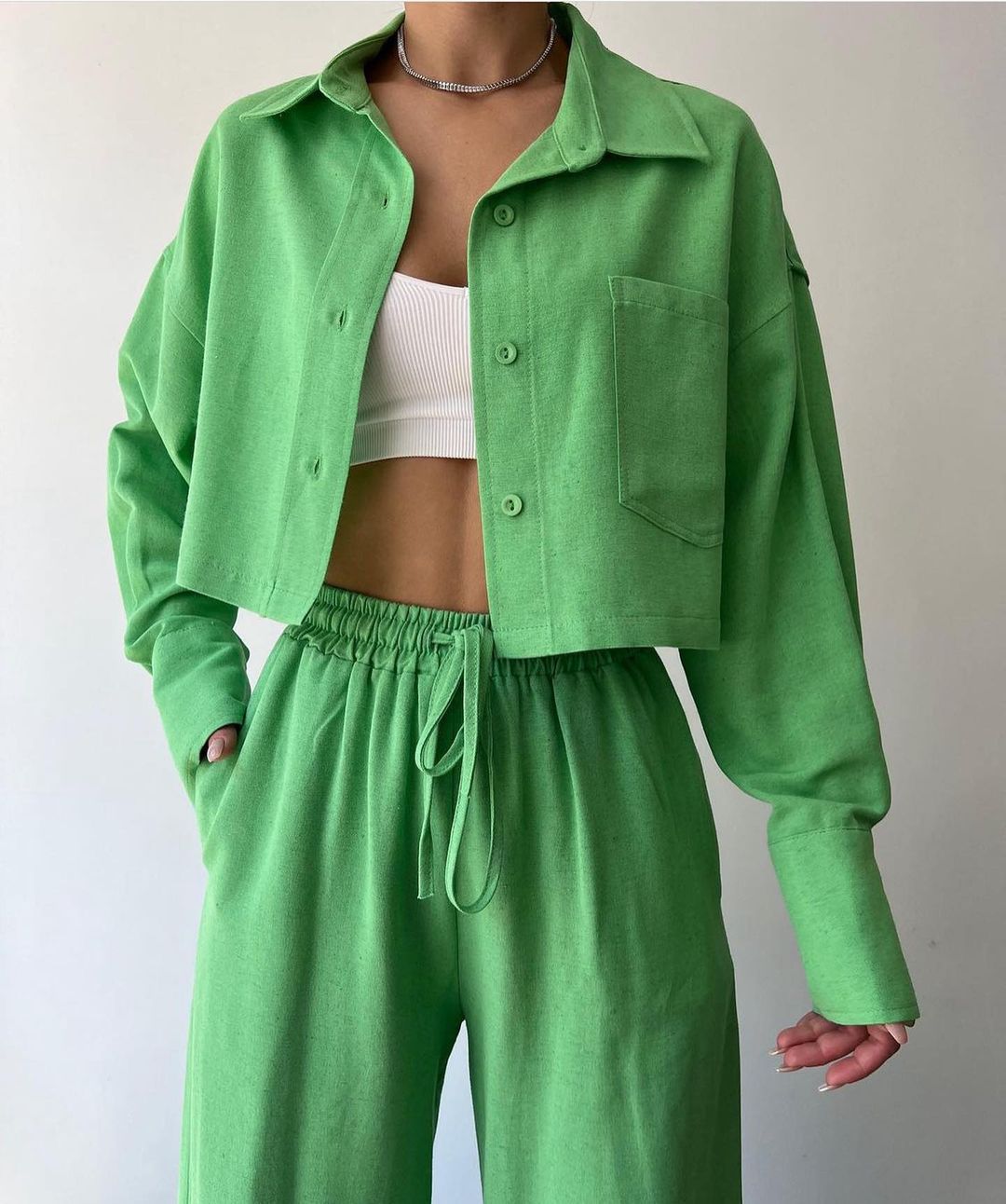 Solid Color Long Sleeves Shirt & Drawstring Pants Suit