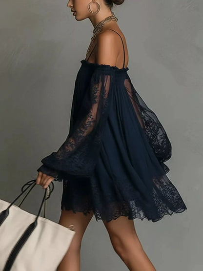 Spaghetti Strap Lace Flounce Sleeve Mini Dress