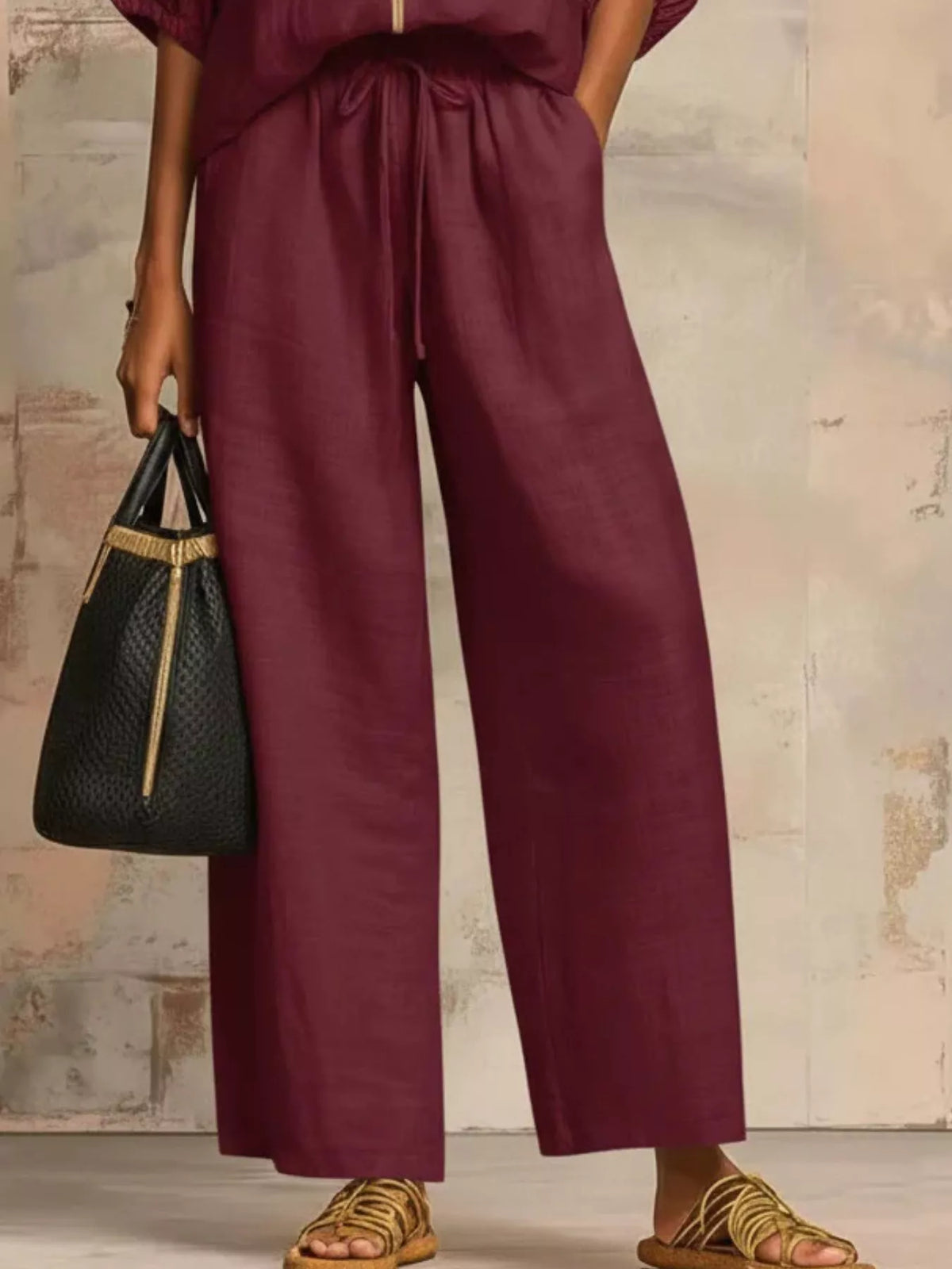 Full Size Zip-Front Top and Wide-Leg Pants Set Plus Size