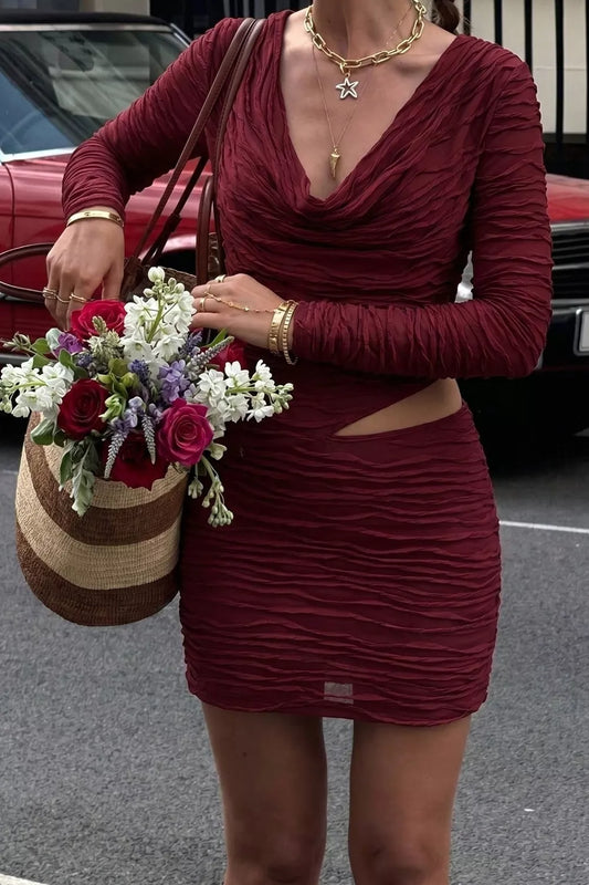 Ruched Cutout Cowl Neck Long Sleeve Mini Dress