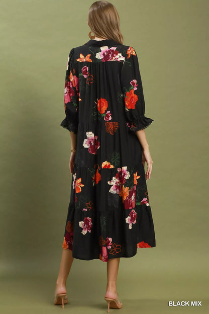 Umgee Midikleid mit Blumenmuster, Stufenrock und Puffärmeln