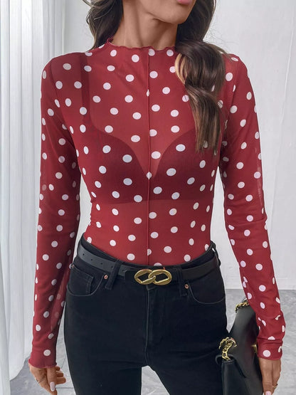 Sheer Polka Dot Long Sleeve Mock Neck Top