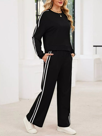 Striped Round Neck Sweatshirt and Pants Set