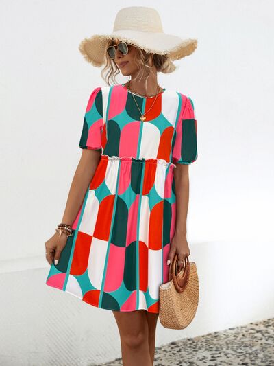 Blue Zone Planet | Geometric Frill Round Neck Short Sleeve Dress