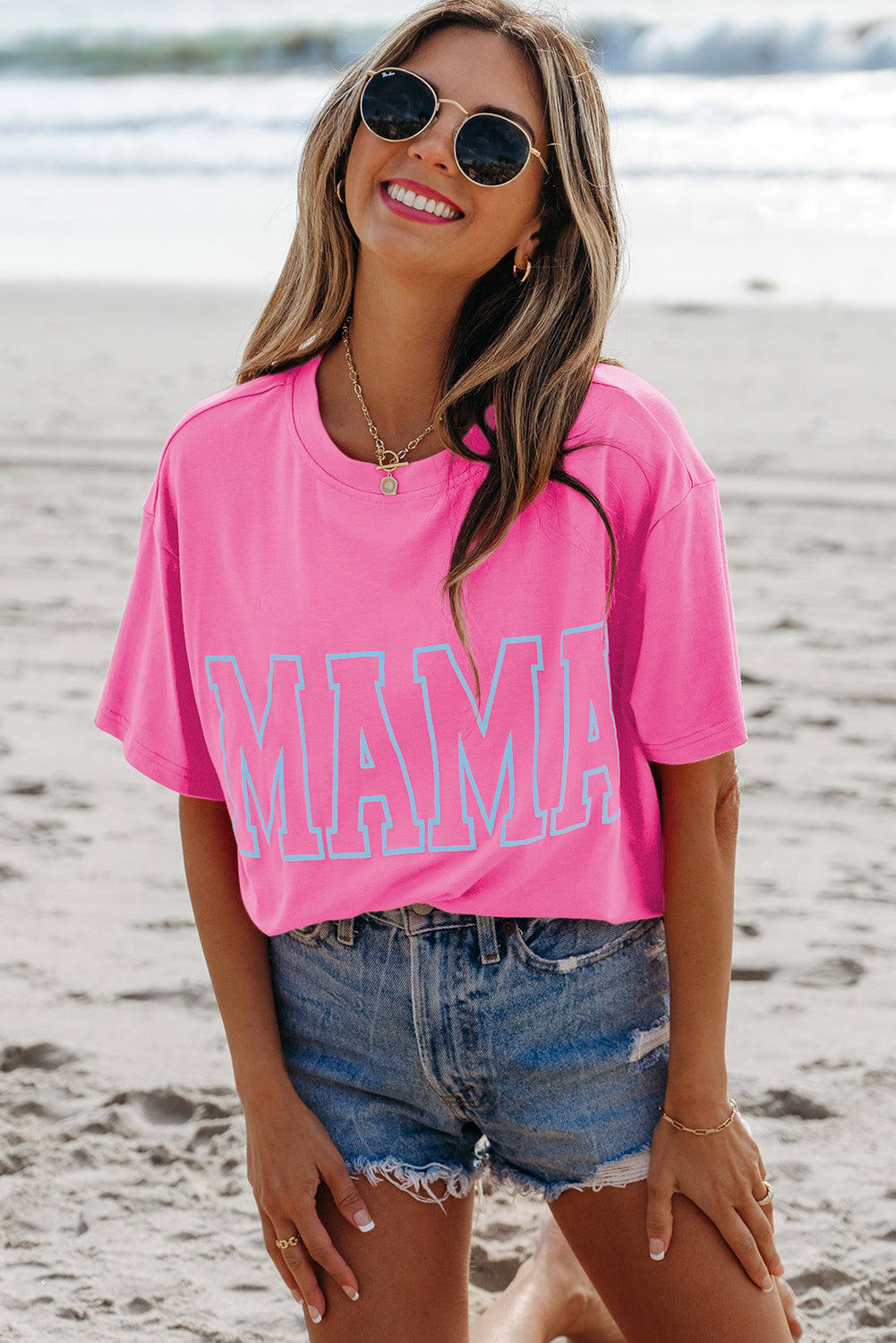Bright Pink Mama Letter Graphic Neon T Shirt