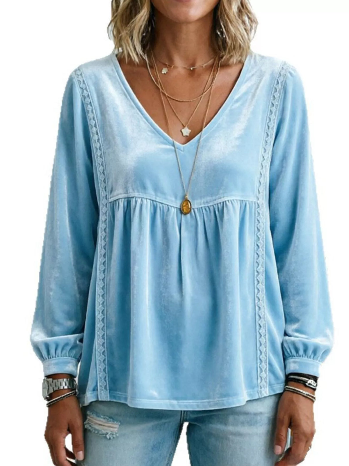 Full Size V-Neck Long Sleeve Velvet Blouse with Lace Trim Plus Size
