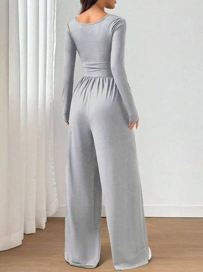 Ruched Square Neck Wide-Leg Jumpsuit