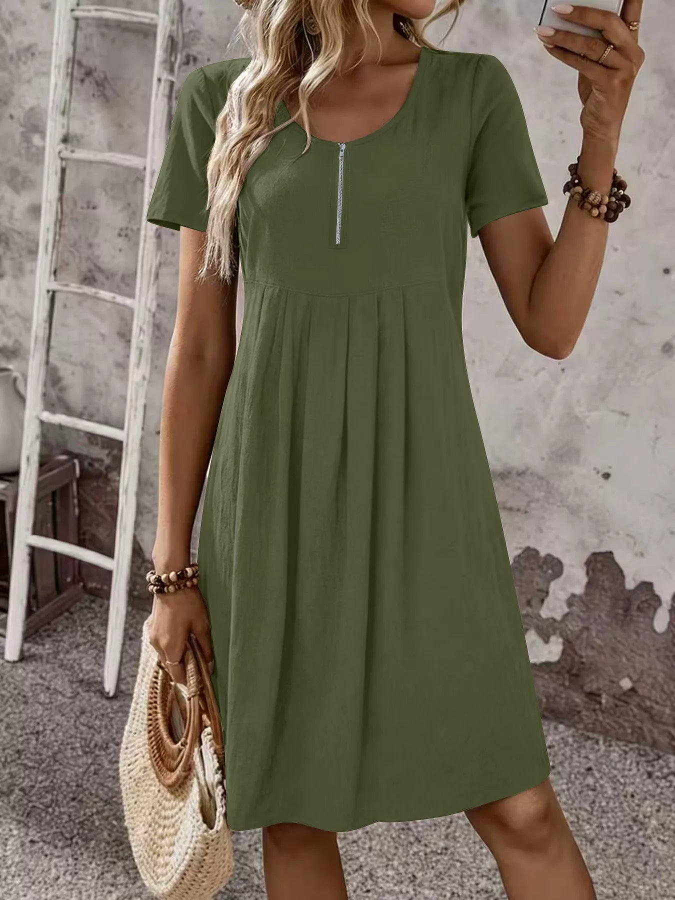 Zipper-Front Short Sleeve A-Line Dress