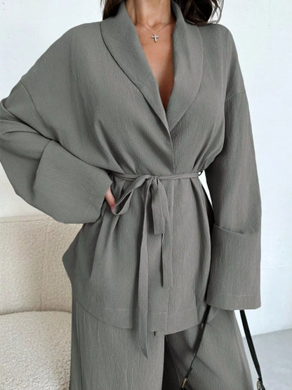 Textured Tie Waist Top and Wide-Leg Pants Set