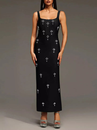 Rhinestone Embellished Bodycon Maxi Dress
