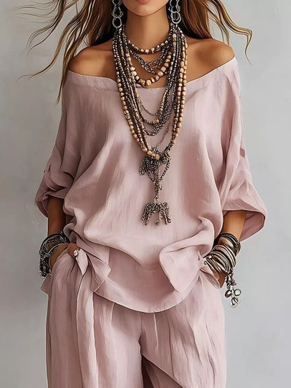 Off-Shoulder Loose Fit Top and Pants Two-Piece Set