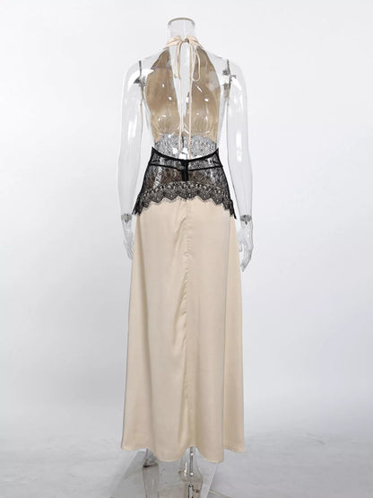 Halter Neck Lace Waist Maxi Dress