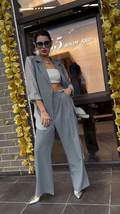 Ensemble deux pièces chemise et pantalon patchwork tendance