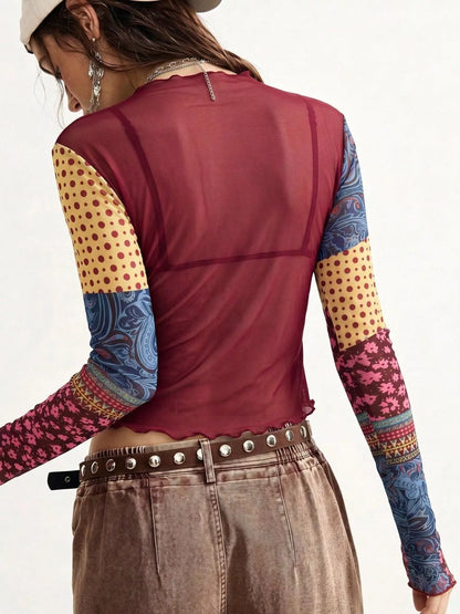 Floral Print Mesh Mock Neck Long Sleeve Top