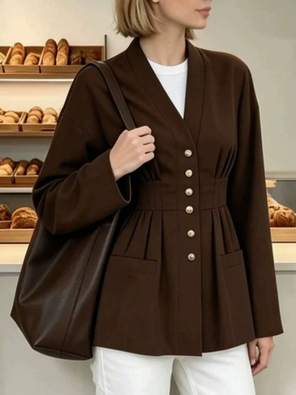 Pleated Waist Blouse with Button Detail