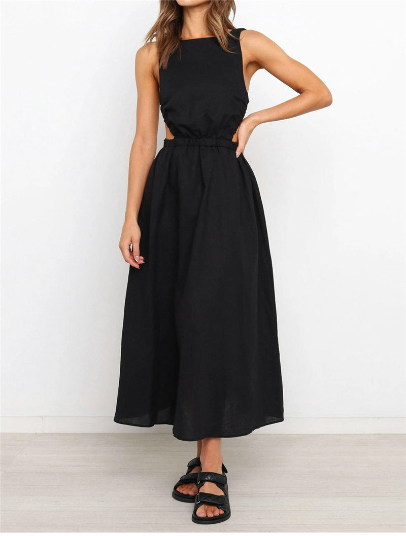 Solid Color Linen Backless Dress