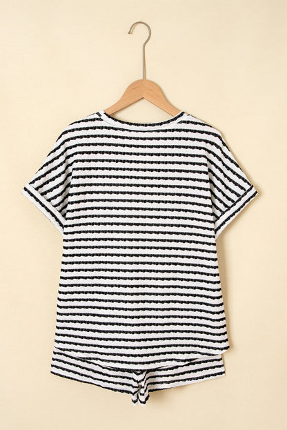Black Stripe Knitted Short Sleeve Top and Drawstring Shorts Set
