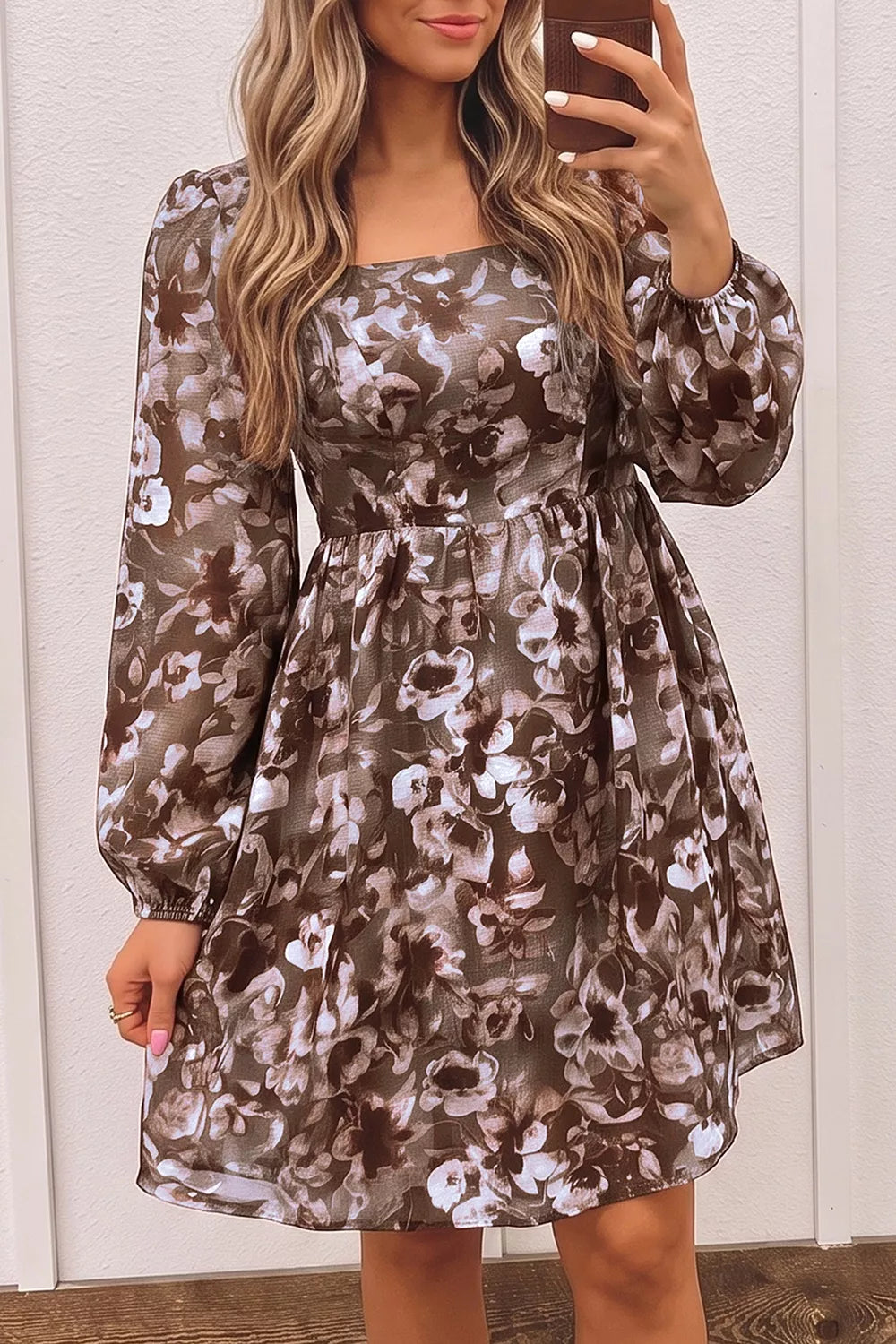 Abstract Floral Print Square Neck Long Sleeve Mini Shift Dress