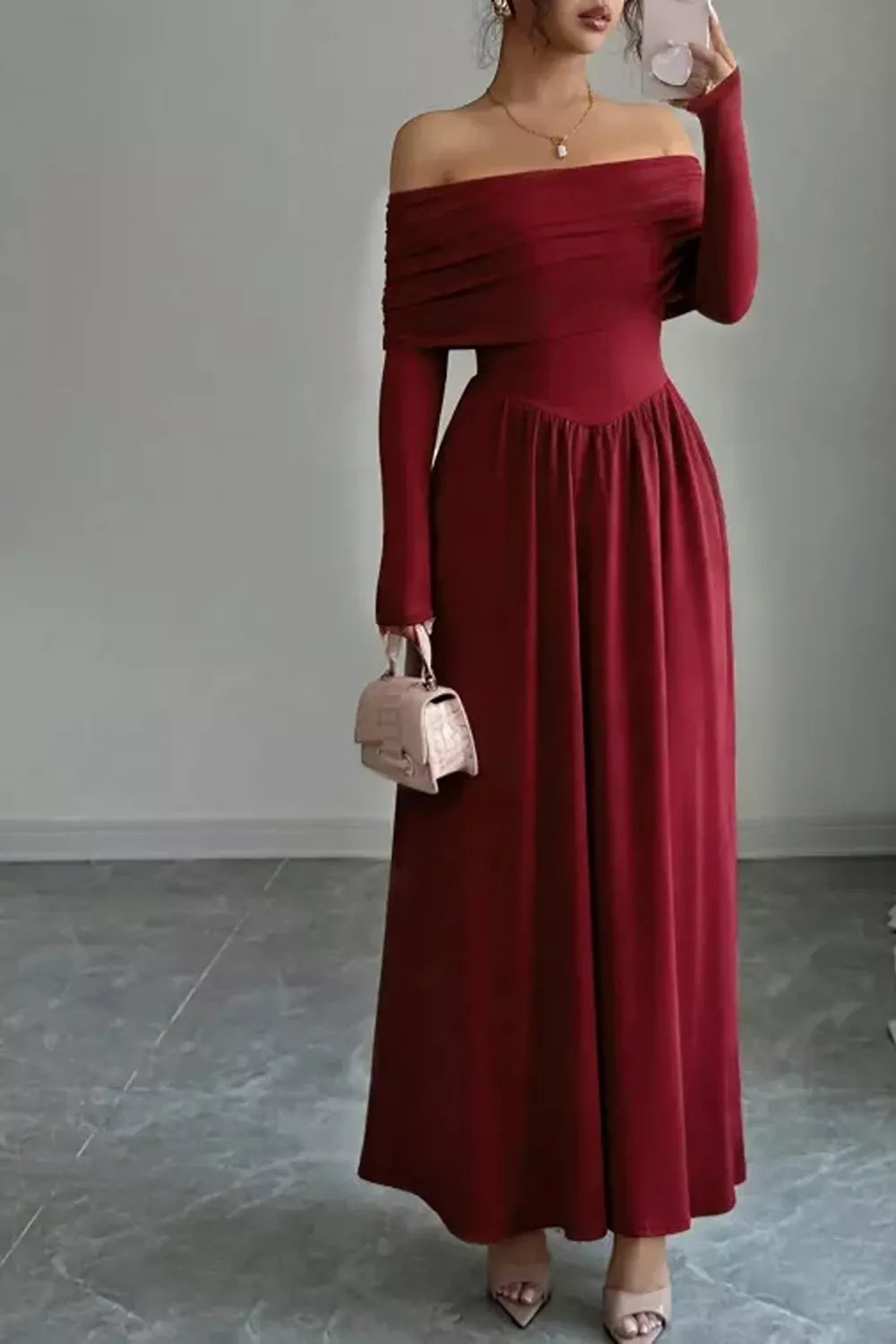 Off-Shoulder Ruched Bodycon Maxi Dress