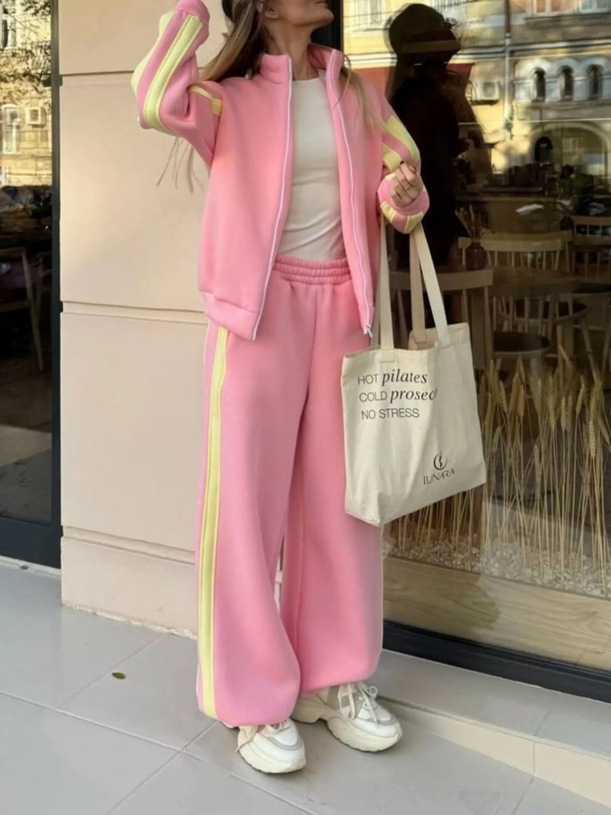 Contrast Striped Zip Up Top and Pants Set