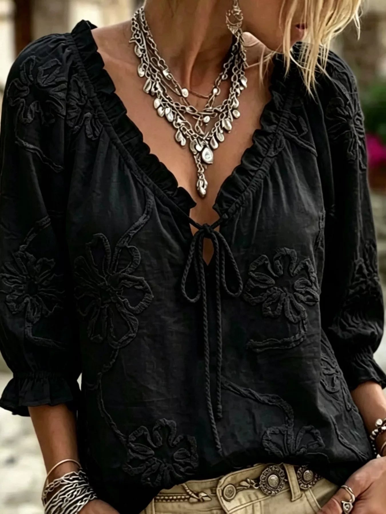 Plus Size Floral Tie Front 3/4 Sleeve Blouse