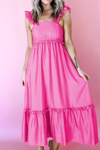 Solid Color Ruffle Trim High Waist Sleeveless Maxi Dress