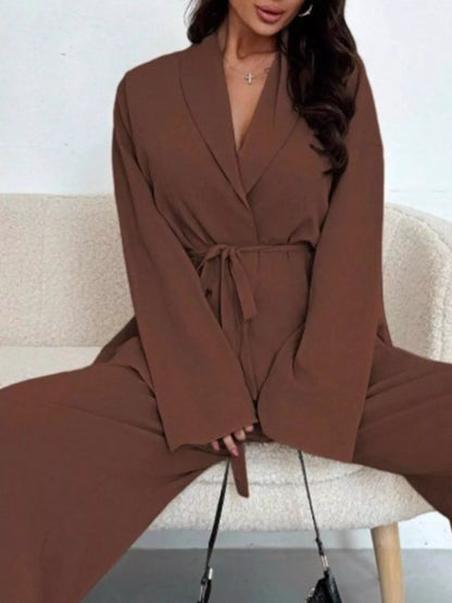 Textured Tie Waist Top and Wide-Leg Pants Set