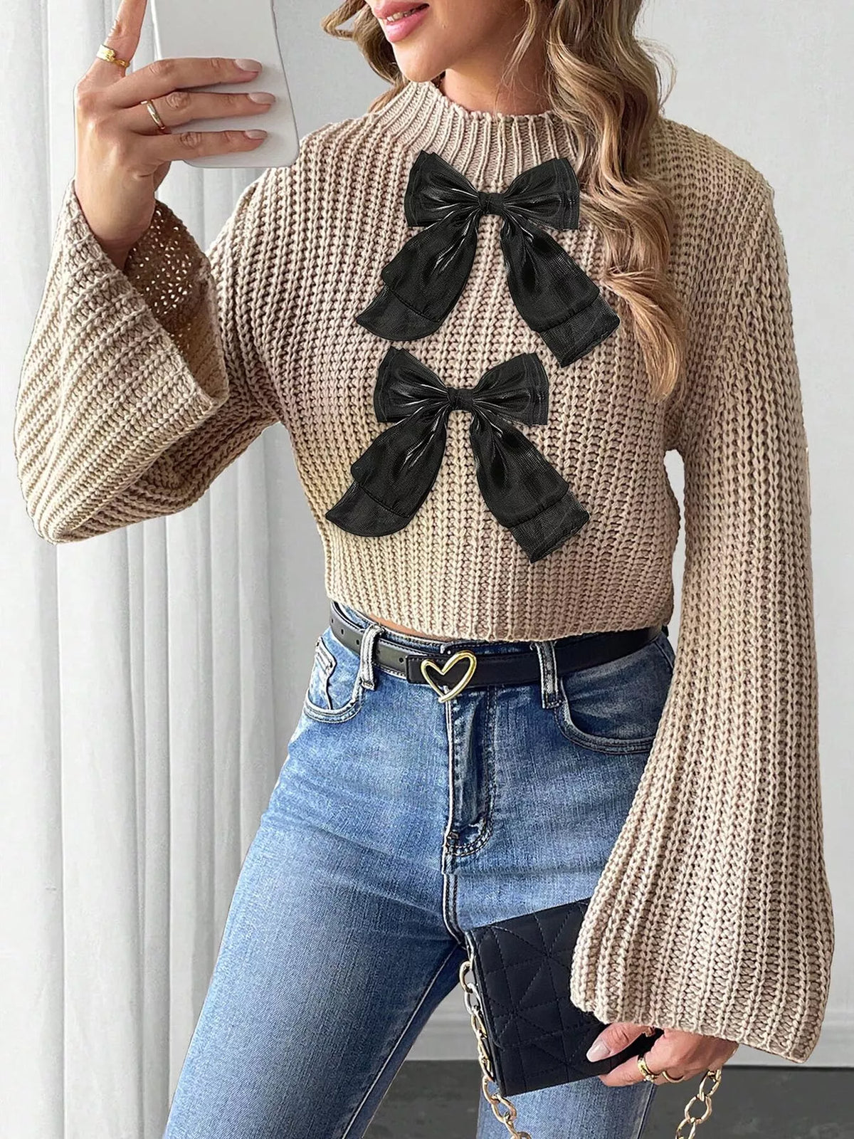 Bow-Decorated Mock Neck Cropped Sweater