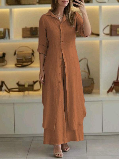 Cotton Linen Waist Long Shirt & Wide Leg Pants Two-Piece Set